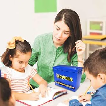 Pencil Dispenser Holder Blue Stainless Steel Dispenser for Pencils with 6 Beautiful stickers for Decoration Metal Pencil Dispenser for Classroom Home Office Teachers Students (Pencils Not Included)