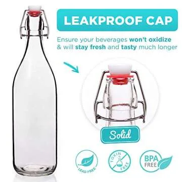 WILLDAN Giara Glass Bottle with Stopper Caps, Set of 4-33.75 Oz Carafe Swing Top Glass Bottles for Beverages, Oils, Kombucha, Kefir, Vinegar, Leak Proof Caps & Airtight Lids