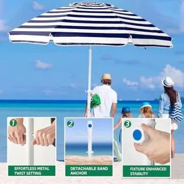 MEWAY 8.5ft Beach Umbrella with Detachable Sand Anchor & Tilt Mechanism, Portable UV 50+ Protection, Outdoor Sunshade Umbrella with Carry Bag, for Garden Beach Outdoor