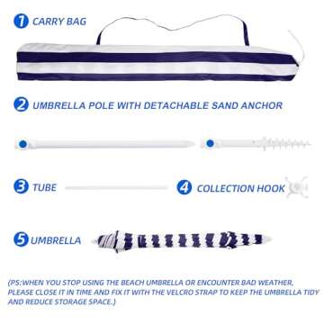 MEWAY 8.5ft Beach Umbrella with Detachable Sand Anchor & Tilt Mechanism, Portable UV 50+ Protection, Outdoor Sunshade Umbrella with Carry Bag, for Garden Beach Outdoor