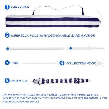 MEWAY 8.5ft Beach Umbrella with Detachable Sand Anchor & Tilt Mechanism, Portable UV 50+ Protection, Outdoor Sunshade Umbrella with Carry Bag, for Garden Beach Outdoor