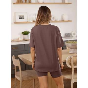 AUTOMET Womens 2 Piece Sets Summer Outfits 2025 Two Piece Lounge Set Matching Clothing Oversized Tshirts Biker Short Fashion Brown M