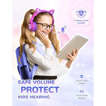 iClever Cat Ear Kids Bluetooth Headphones, LED Lights Up, 74/85dBA Safe Volume Limited, 50H Playtime,Bluetooth 5.2, USB C, Kids Headphones Wireless for Travel iPad Tablet, Meow Macaron Hot Pink