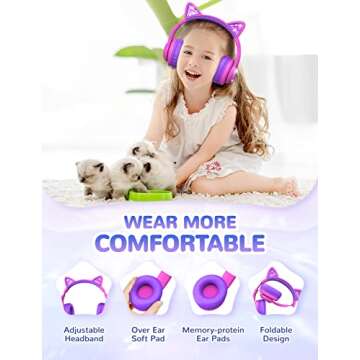 iClever Cat Ear Kids Bluetooth Headphones, LED Lights Up, 74/85dBA Safe Volume Limited, 50H Playtime,Bluetooth 5.2, USB C, Kids Headphones Wireless for Travel iPad Tablet, Meow Macaron Hot Pink