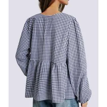 Casly Lamiit Womens Bow Tie Front Tops Trendy 2024 Summer Plaid Shirt Peplum Babydoll Blouses Puff S...