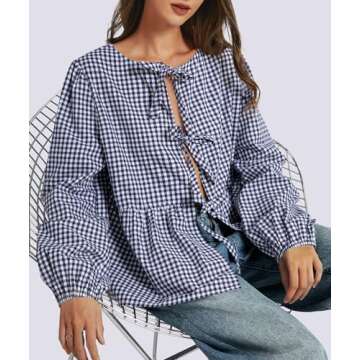 Casly Lamiit Womens Bow Tie Front Tops Trendy 2024 Summer Plaid Shirt Peplum Babydoll Blouses Puff Sleeve Going Out Tops Sexy Streetwear Blue Plaid M