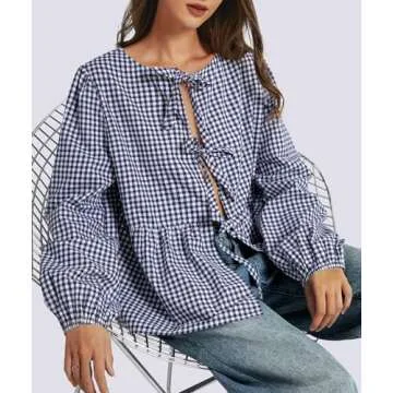Casly Lamiit Womens Bow Tie Front Tops Trendy 2024 Summer Plaid Shirt Peplum Babydoll Blouses Puff Sleeve Going Out Tops Sexy Streetwear Blue Plaid M