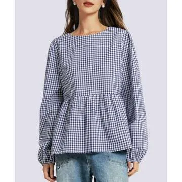 Casly Lamiit Womens Bow Tie Front Tops Trendy 2024 Summer Plaid Shirt Peplum Babydoll Blouses Puff Sleeve Going Out Tops Sexy Streetwear Blue Plaid M