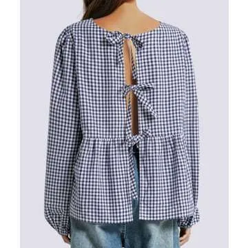 Casly Lamiit Womens Bow Tie Front Tops Trendy 2024 Summer Plaid Shirt Peplum Babydoll Blouses Puff Sleeve Going Out Tops Sexy Streetwear Blue Plaid M
