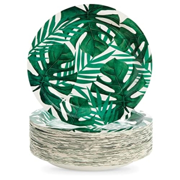 BLUE PANDA 80-Pack Tropical Paper Plates - Green Leaf Design for Events