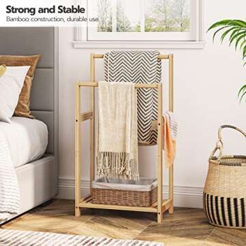 HOOBRO Freestanding Towel Rack for Bathroom, 2 Tier Decorative Bamboo Blanket Rack, Quilt Display St...