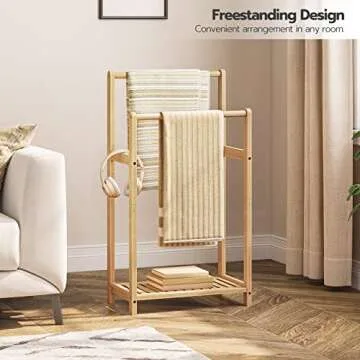 HOOBRO Freestanding Towel Rack for Bathroom, 2 Tier Decorative Bamboo Blanket Rack, Quilt Display Stand with Storage Shelf, 16.5" L x 9.4" W x 30.5" H, Bedroom, Living Room, Natural Color YL02LB01
