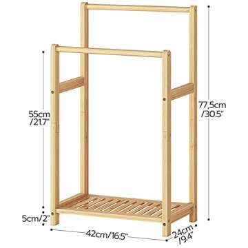 HOOBRO Freestanding Towel Rack for Bathroom, 2 Tier Decorative Bamboo Blanket Rack, Quilt Display Stand with Storage Shelf, 16.5" L x 9.4" W x 30.5" H, Bedroom, Living Room, Natural Color YL02LB01