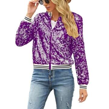 ACEFAST INC Women's Shiny Sparkle Sequins Long Sleeve Zip Blazer Halloween Party Bomber Jacket