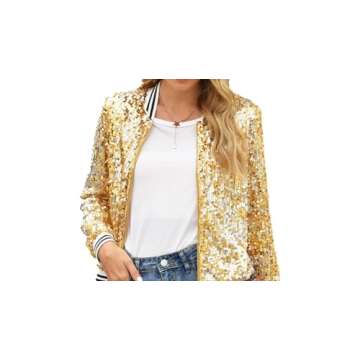 ACEFAST INC Women's Shiny Sparkle Sequins Long Sleeve Zip Blazer Halloween Party Bomber Jacket