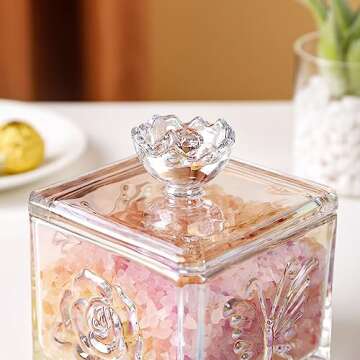 WHJY Cute Glass Candy Jar with Lid, Iridescent Colored Glass Candy Jar for Office Desk,Colorful Candy Dishes for Candy Buffet, Cookie Jar 4.5” Tall