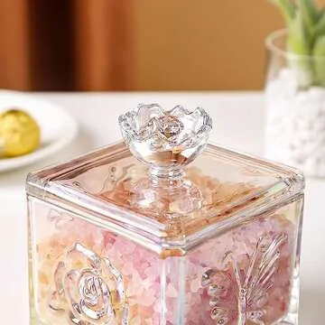 WHJY Cute Glass Candy Jar with Lid, Iridescent Colored Glass Candy Jar for Office Desk,Colorful Candy Dishes for Candy Buffet, Cookie Jar 4.5” Tall