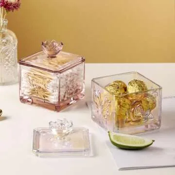 WHJY Cute Glass Candy Jar with Lid, Iridescent Colored Glass Candy Jar for Office Desk,Colorful Candy Dishes for Candy Buffet, Cookie Jar 4.5” Tall