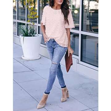Blooming Jelly Womens Chiffon Blouse Summer Casual Round Neck Short Sleeve Pom Pom Shirts Top (XX-Large, Pink)
