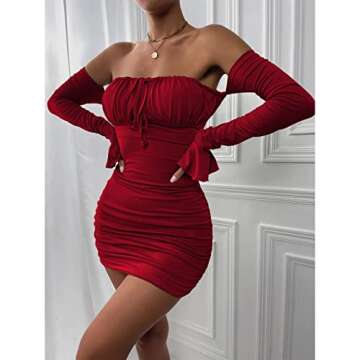 Volemo Women’s Sexy Corset Dress Off Shoulder Backless Ruched Bell Long Sleeve Bodycon Party Mini Dress Wine Red XS