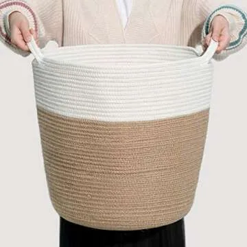 Goodpick Cotton Rope Storage Basket, Woven Round Basket with Handles for Toys, Blanket, Shoes, Large Jute Wicker Plant Basket for Living Room, Entryway, 16.0 x15.0 x12.6 inches