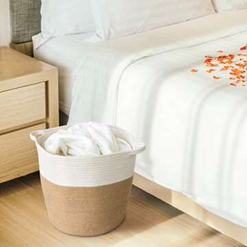 Goodpick Cotton Rope Storage Basket, Woven Round Basket with Handles for Toys, Blanket, Shoes, Large Jute Wicker Plant Basket for Living Room, Entryway, 16.0 x15.0 x12.6 inches