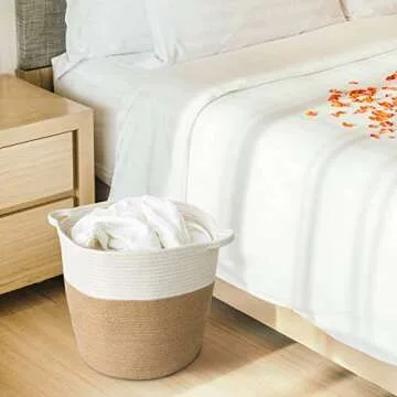 Goodpick Cotton Rope Storage Basket, Woven Round Basket with Handles for Toys, Blanket, Shoes, Large Jute Wicker Plant Basket for Living Room, Entryway, 16.0 x15.0 x12.6 inches