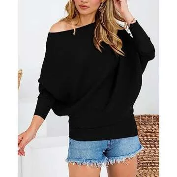 Zenlonr Women's Fall Winter Sweaters 2025 Casual Long Batwing Sleeve Loose Off Shoulder Knit Pullove...