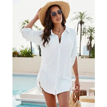 Blooming Jelly Womens Bathing Suit Cover Ups Bikini Swimsuit Coverup Drawstring Button Down Beach Dress Shirt(Large, White)