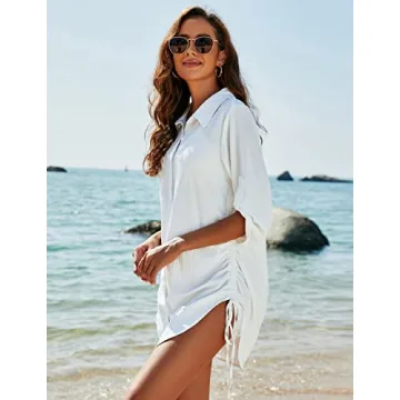 Blooming Jelly Womens Bathing Suit Cover Ups Bikini Swimsuit Coverup Drawstring Button Down Beach Dress Shirt(Large, White)