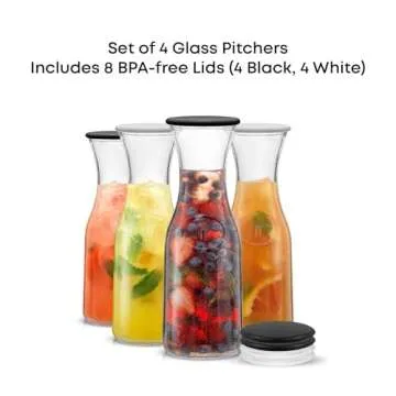 JoyJolt Glass Carafe with Lid, Set of 4 – 1 Liter Glass Pitcher for Mimosa Bar, Water, Iced Tea, Juice, Wine, Lemonade, Milk – Dishwasher Safe Beverage Drink Dispensers for Brunch, Parties