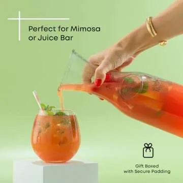 JoyJolt Glass Carafe with Lid, Set of 4 – 1 Liter Glass Pitcher for Mimosa Bar, Water, Iced Tea, Juice, Wine, Lemonade, Milk – Dishwasher Safe Beverage Drink Dispensers for Brunch, Parties
