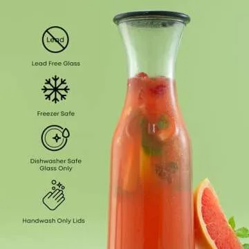JoyJolt Glass Carafe with Lid, Set of 4 – 1 Liter Glass Pitcher for Mimosa Bar, Water, Iced Tea, Juice, Wine, Lemonade, Milk – Dishwasher Safe Beverage Drink Dispensers for Brunch, Parties