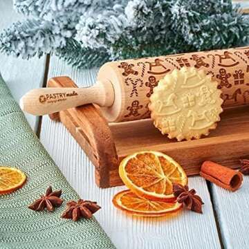 Christmas Wooden Rolling Pin for Baking Engraved Embossing Rolling Pin Cookie Stamps Roller Square G...