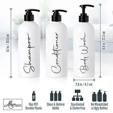 Alora 16oz Refillable Shampoo and Conditioner Dispenser Bottles - Set of 3 - Pump Bottle Dispenser for Shampoo, Conditioner, Body Wash - Empty Plastic Refillable Containers for Shower, Matte White