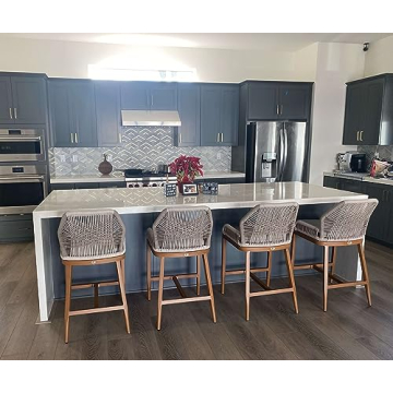 PURPLE LEAF Counter Height Bar Stools Set of 4 Rattan Chair Boho Wicker Metal Counter Stools with Back and Footrest Patio Seating Modern Garden Pool Outdoor Barstools