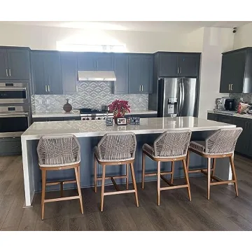 PURPLE LEAF Counter Height Bar Stools Set of 4 Rattan Chair Boho Wicker Metal Counter Stools with Back and Footrest Patio Seating Modern Garden Pool Outdoor Barstools