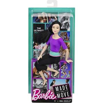 Barbie Made to Move Fashion Doll with Black Hair Wearing Purple Color-Blocked Top & Yoga Leggings, Flexible with 22 Posable "Joints"