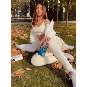 OQQ Women's 4 Piece Outfits Ribbed Exercise Scoop Neck Sports Bra One Shoulder Tops High Waist Shorts Leggings Active Set Beige