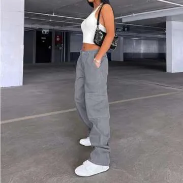 Women 6 Pockets High Waisted Cargo Pants Wide Leg Casual Pants Combat Military Trouser Blue Grey