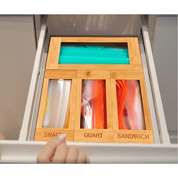 Bamboo Food Storage Bag Organizer for Kitchen Drawer