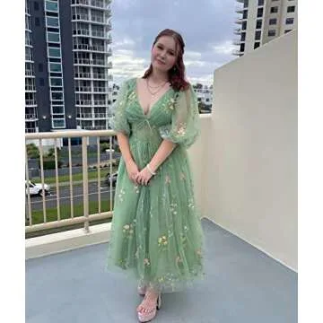 Smileven Puffy Sleeve Prom Dresses 2023 for Teens Flower Embroidery Tulle Tea Length V-Neck Half Sle...
