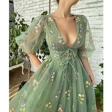 Smileven Puffy Sleeve Prom Dresses 2023 for Teens Flower Embroidery Tulle Tea Length V-Neck Half Sleeve Formal Evening Party Gowns,Green US12