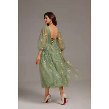 Smileven Puffy Sleeve Prom Dresses 2023 for Teens Flower Embroidery Tulle Tea Length V-Neck Half Sleeve Formal Evening Party Gowns,Green US12