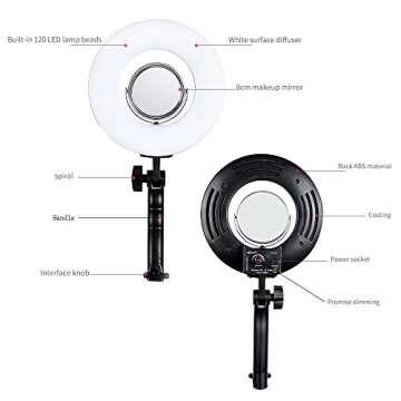 Dimmable 8-inch LED Ring Light with Stand and Mirror