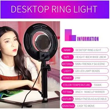 Dimmable 8-inch LED Ring Light with Stand and Mirror