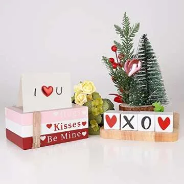 Valentines Day Decor, Wooden Book Stack with 4 XOXO Signs - Valentines Day Decorations for The Home, Tiered Tray, Coffee Table, Fireplace Mantel, Shelf