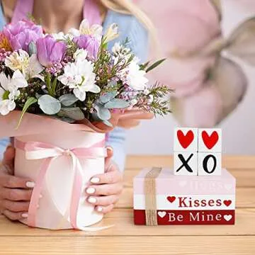 Valentines Day Decor, Wooden Book Stack with 4 XOXO Signs - Valentines Day Decorations for The Home, Tiered Tray, Coffee Table, Fireplace Mantel, Shelf