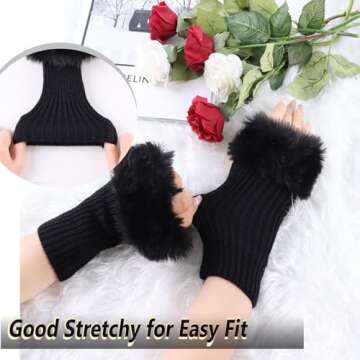 Lcaiualu Winter Women Fingerless Gloves Knitted Arm Warmers Hand Mittens ThumbHole Faux Fur Wrist Short Cuff for Women (Black)