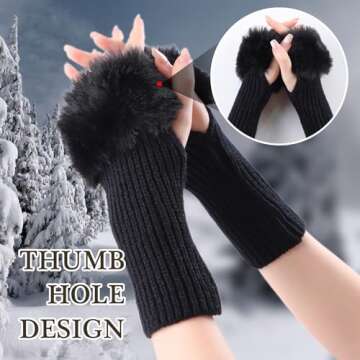 Lcaiualu Winter Women Fingerless Gloves Knitted Arm Warmers Hand Mittens ThumbHole Faux Fur Wrist Short Cuff for Women (Black)